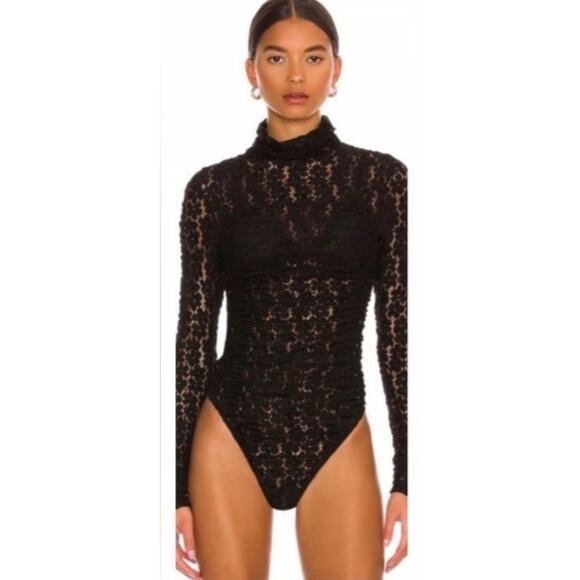 Free People Day And Night Black Lace Bodysuit Stretchy High Neck Size Large - Picture 1 of 10